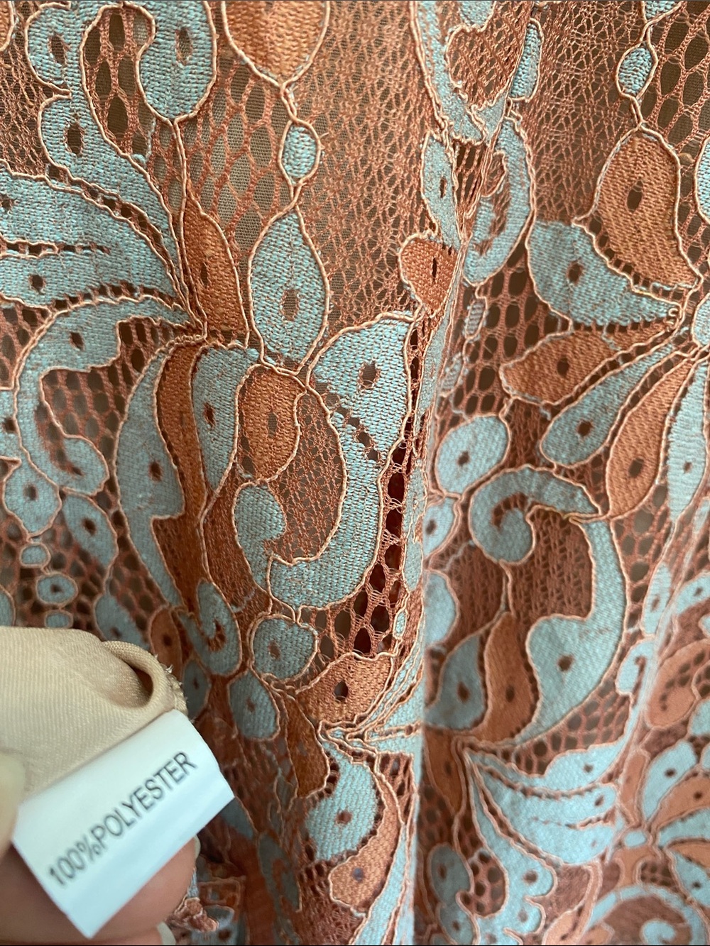 Women's Lace Overlay Fit-and-Flare Dress in Rust Orange and Light Blue - Picture 12 of 13